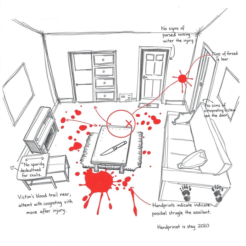 A rough sketch of a crime scene in a living room, showcasing the location of the victim marked with a circle at the center of the room