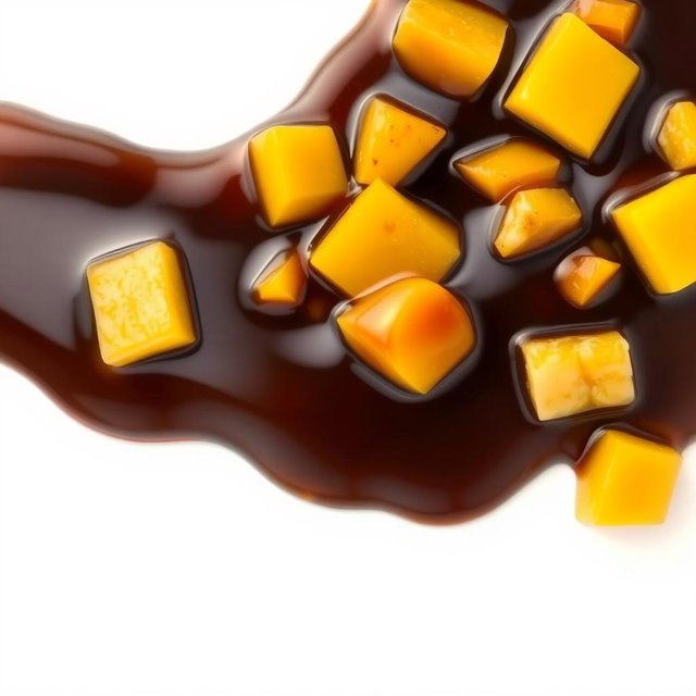 A close-up of liquid molasses with pieces of bananas, mangoes, and papayas mixed in, displaying dark, glossy molasses flowing smoothly