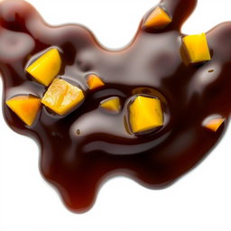 A close-up of liquid molasses with pieces of bananas, mangoes, and papayas mixed in, displaying dark, glossy molasses flowing smoothly