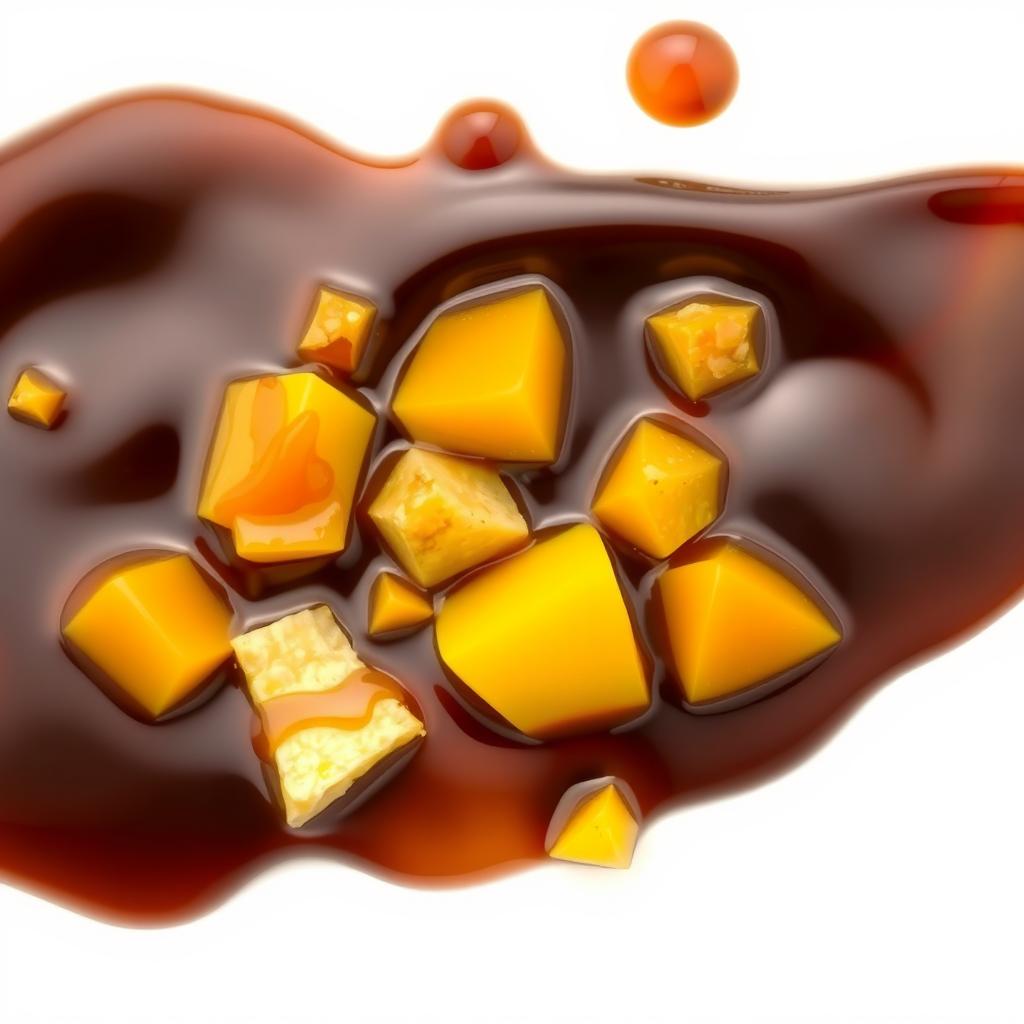 A close-up of liquid molasses with pieces of bananas, mangoes, and papayas mixed in, displaying dark, glossy molasses flowing smoothly