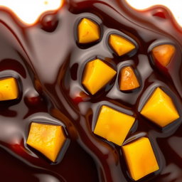 A close-up of liquid molasses with pieces of bananas, mangoes, and papayas mixed in, displaying dark, glossy molasses flowing smoothly