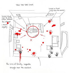 A rough crime scene sketch depicting a living room layout