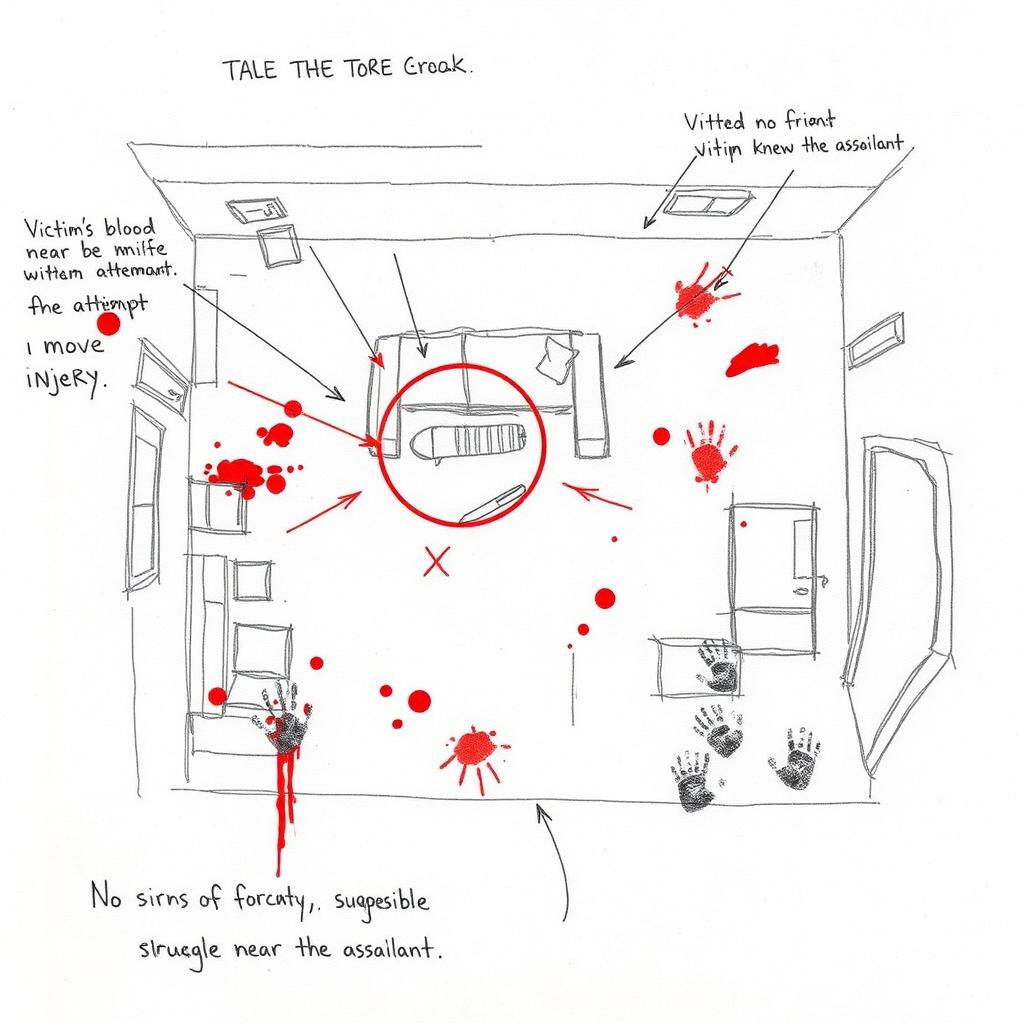 A rough crime scene sketch depicting a living room layout
