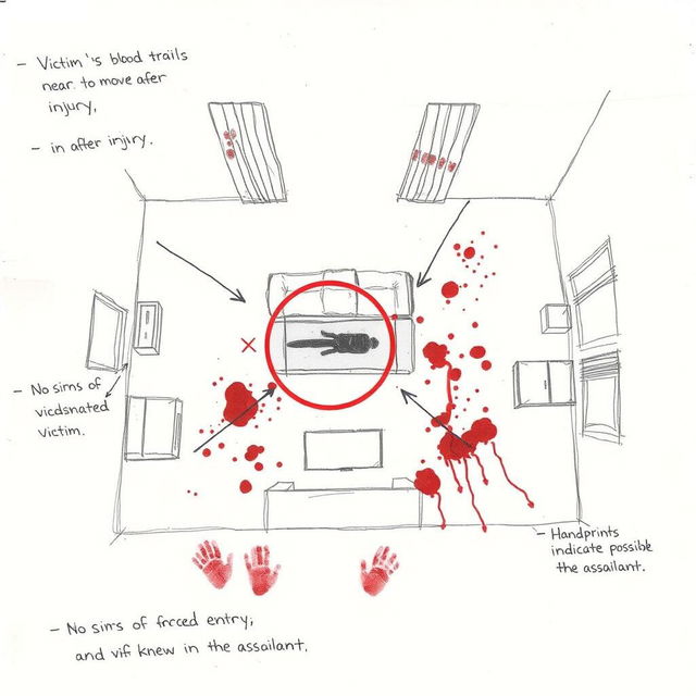 A rough crime scene sketch depicting a living room layout
