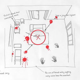 A rough crime scene sketch depicting a living room layout