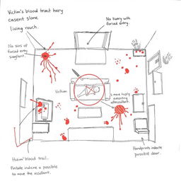 A rough crime scene sketch depicting a living room layout