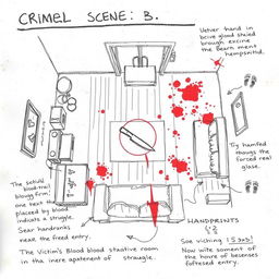 A detailed crime scene rough sketch illustrating a detailed layout of a living room where a fictional crime occurred