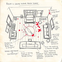 A detailed crime scene rough sketch illustrating a detailed layout of a living room where a fictional crime occurred