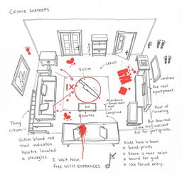 A detailed crime scene rough sketch illustrating a detailed layout of a living room where a fictional crime occurred