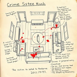 A detailed crime scene rough sketch illustrating a detailed layout of a living room where a fictional crime occurred