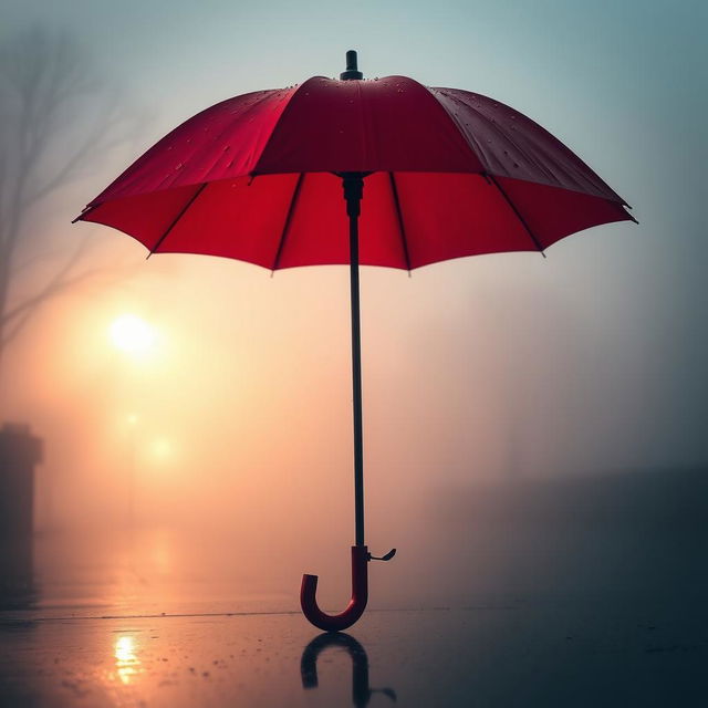 A vibrant red umbrella standing out against a thick, mysterious fog