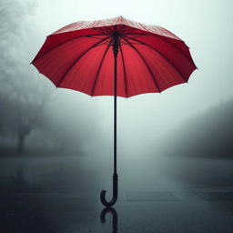 A vibrant red umbrella standing out against a thick, mysterious fog