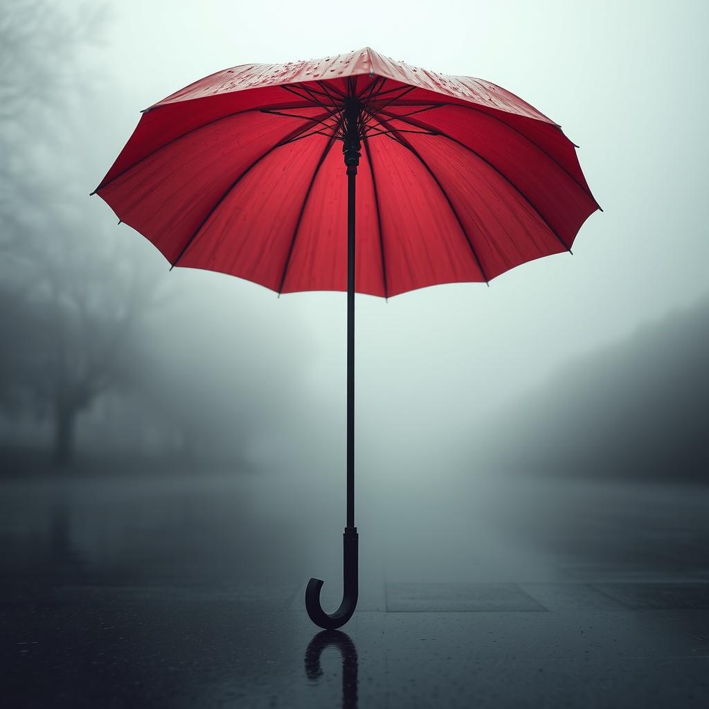 A vibrant red umbrella standing out against a thick, mysterious fog