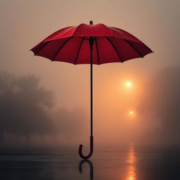 A vibrant red umbrella standing out against a thick, mysterious fog