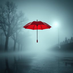 A vibrant red umbrella standing out against a thick, mysterious fog