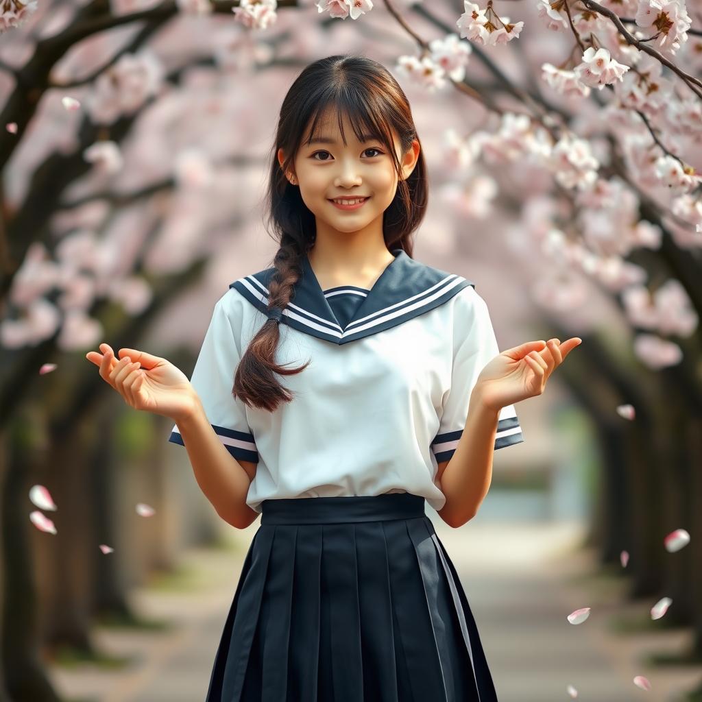 A Japanese schoolgirl in a crisp, traditional uniform, standing gracefully in the center of the scene, her hands raised elegantly in front of her