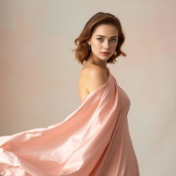 A portrait of Sarah Snook wearing a flowing, delicate rose silk dress