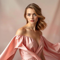 A portrait of Sarah Snook wearing a flowing, delicate rose silk dress