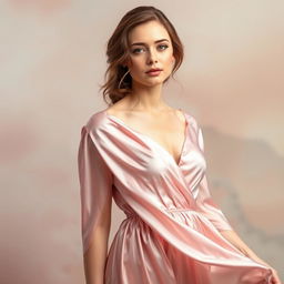 A portrait of Sarah Snook wearing a flowing, delicate rose silk dress