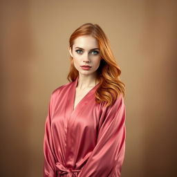 A striking portrait of a red-haired woman with captivating green eyes, dressed in a flowing rose silk robe
