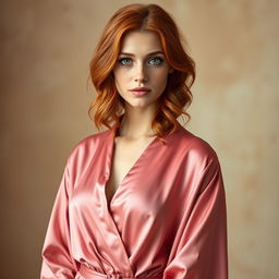 A striking portrait of a red-haired woman with captivating green eyes, dressed in a flowing rose silk robe