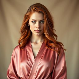 A striking portrait of a red-haired woman with captivating green eyes, dressed in a flowing rose silk robe