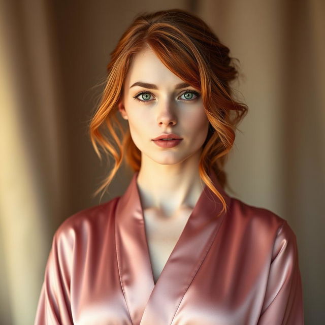 A striking portrait of a red-haired woman with captivating green eyes, dressed in a flowing rose silk robe