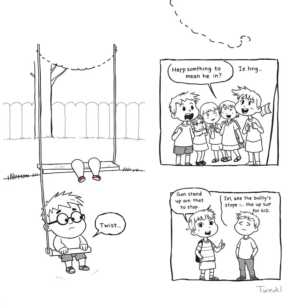 A black and white comic strip depicting a scene in a schoolyard