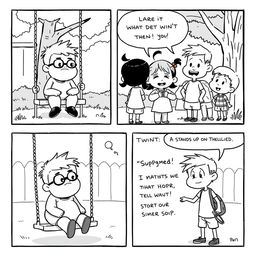 A black and white comic strip depicting a scene in a schoolyard