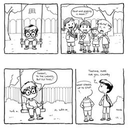 A black and white comic strip depicting a scene in a schoolyard