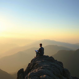 A serene scene depicting a person sitting peacefully on a rugged mountain ledge at sunrise, engaged in meditation or journaling