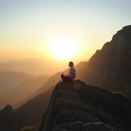 A serene scene depicting a person sitting peacefully on a rugged mountain ledge at sunrise, engaged in meditation or journaling