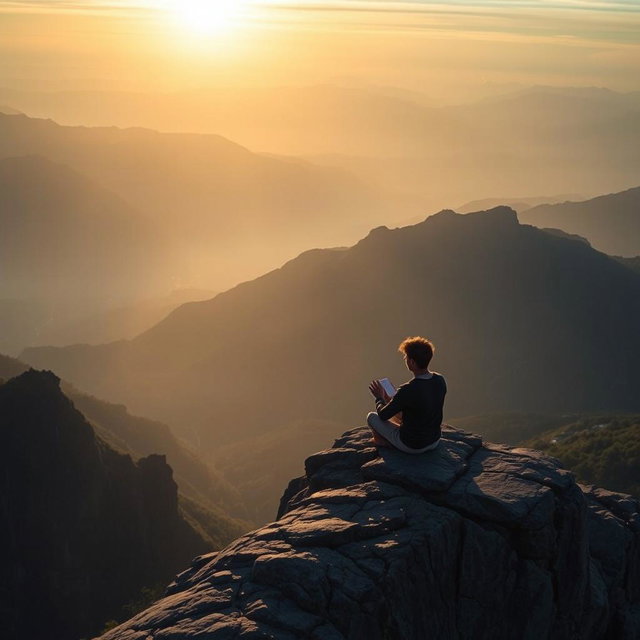 A serene scene depicting a person sitting peacefully on a rugged mountain ledge at sunrise, engaged in meditation or journaling