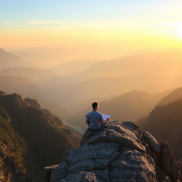 A serene scene depicting a person sitting peacefully on a rugged mountain ledge at sunrise, engaged in meditation or journaling