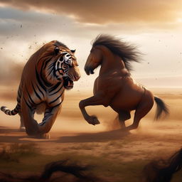 A majestic tiger and a gallant horse locked in an intense battle amidst a sprawling savannah