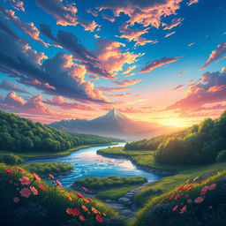 A stunning anime scene set in a beautiful landscape, showcasing vibrant skies with a mix of deep blues and warm sunset colors