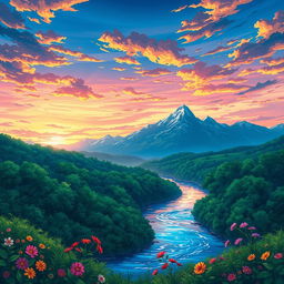 A stunning anime scene set in a beautiful landscape, showcasing vibrant skies with a mix of deep blues and warm sunset colors