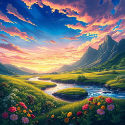 A stunning anime scene set in a beautiful landscape, showcasing vibrant skies with a mix of deep blues and warm sunset colors