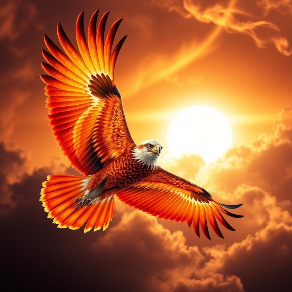 A majestic eagle with vibrant, fiery plumage resembling the mythical phoenix, soaring gracefully against a dramatic sunset sky