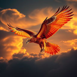 A majestic eagle with vibrant, fiery plumage resembling the mythical phoenix, soaring gracefully against a dramatic sunset sky