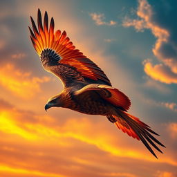 A majestic eagle with vibrant, fiery plumage resembling the mythical phoenix, soaring gracefully against a dramatic sunset sky