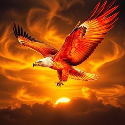 A majestic eagle with vibrant, fiery plumage resembling the mythical phoenix, soaring gracefully against a dramatic sunset sky