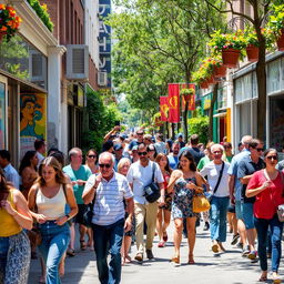 A vibrant street scene featuring a diverse group of people engaging in various activities, such as chatting, walking, and enjoying street food