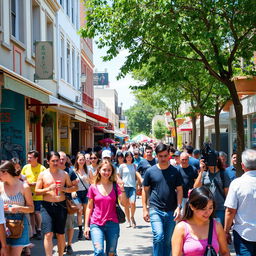 A vibrant street scene featuring a diverse group of people engaging in various activities, such as chatting, walking, and enjoying street food