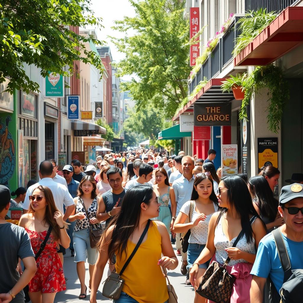 A vibrant street scene featuring a diverse group of people engaging in various activities, such as chatting, walking, and enjoying street food