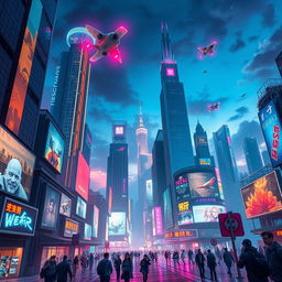 A visually stunning cyber world portrait featuring a futuristic cityscape with towering skyscrapers illuminated by neon lights, flying cars zooming through the sky, and digital billboards displaying vibrant advertisements