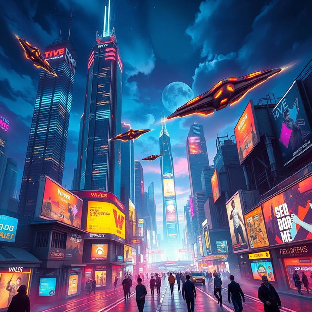 A visually stunning cyber world portrait featuring a futuristic cityscape with towering skyscrapers illuminated by neon lights, flying cars zooming through the sky, and digital billboards displaying vibrant advertisements