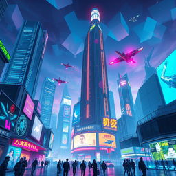 A visually stunning cyber world portrait featuring a futuristic cityscape with towering skyscrapers illuminated by neon lights, flying cars zooming through the sky, and digital billboards displaying vibrant advertisements