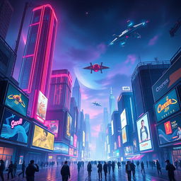 A visually stunning cyber world portrait featuring a futuristic cityscape with towering skyscrapers illuminated by neon lights, flying cars zooming through the sky, and digital billboards displaying vibrant advertisements