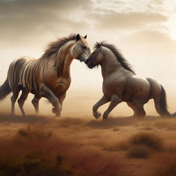 A majestic tiger and a gallant horse locked in an intense battle amidst a sprawling savannah